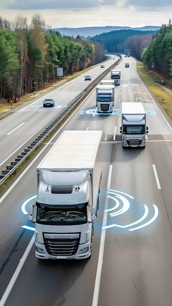 Two white cars drive on a highway with wireless communication signals visible around them