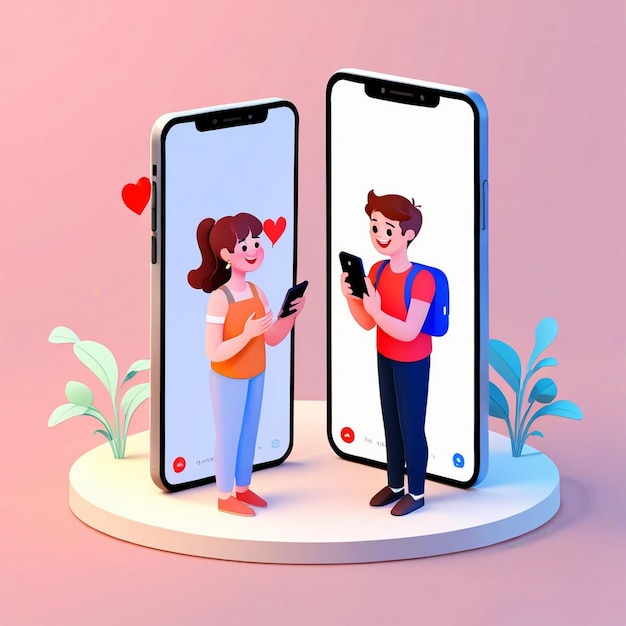 Photo two white cell phones with a heart shaped picture of two women talking