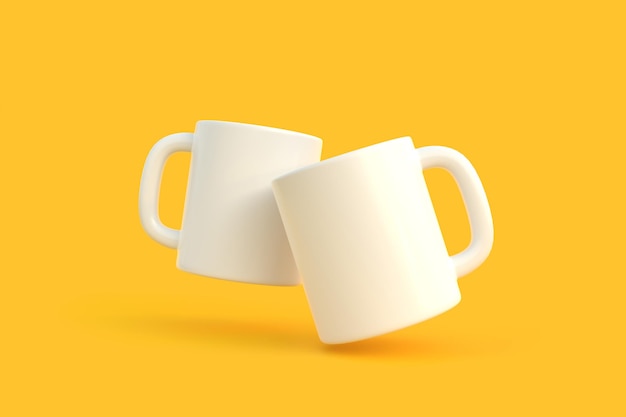 Two white ceramic cup or empty mug for coffee drink or tea on yellow background 3D render