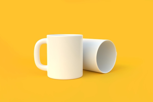 Two white ceramic cup or empty mug for coffee drink or tea on yellow background Minimal concept 3D