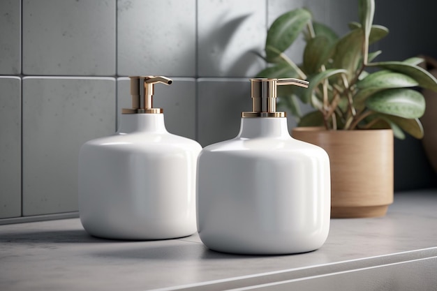 Two white ceramic soap bottles on a countertop with a plant in the background.