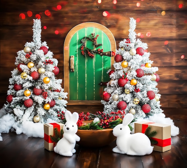 Two white Christmas trees decorated with bright balls on the background of wooden boards