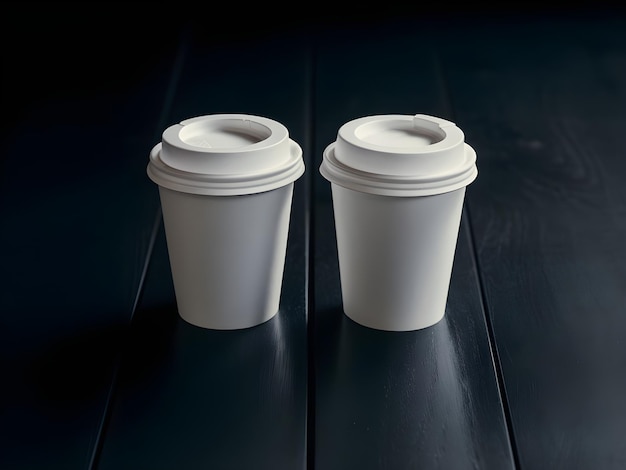 two white coffee cups mockup on a black table