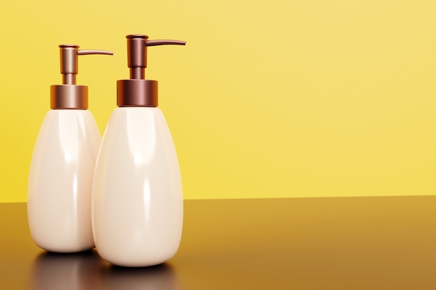 Two white cosmetic bottle dispenser pump with oval container from closeup angle. 3D illustration isolated on yellow background.