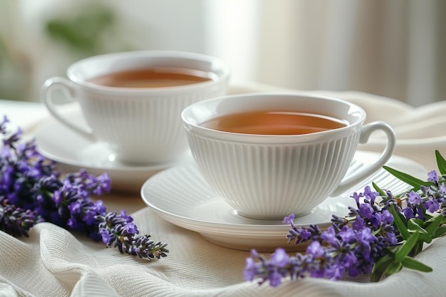 Two white cups of lavender tea on a table with fresh lavender flowers creating a serene atmosphere