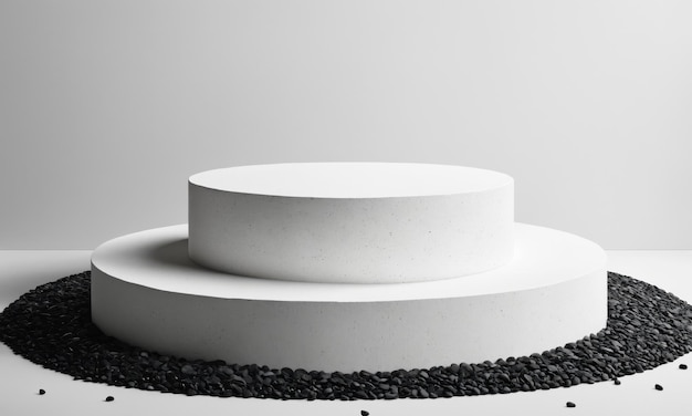 Two white cylinder podiums on a white background with black pebbles surrounding the base