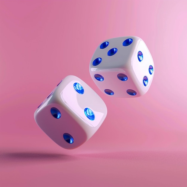 Photo two white dice with dark blue pips suspended