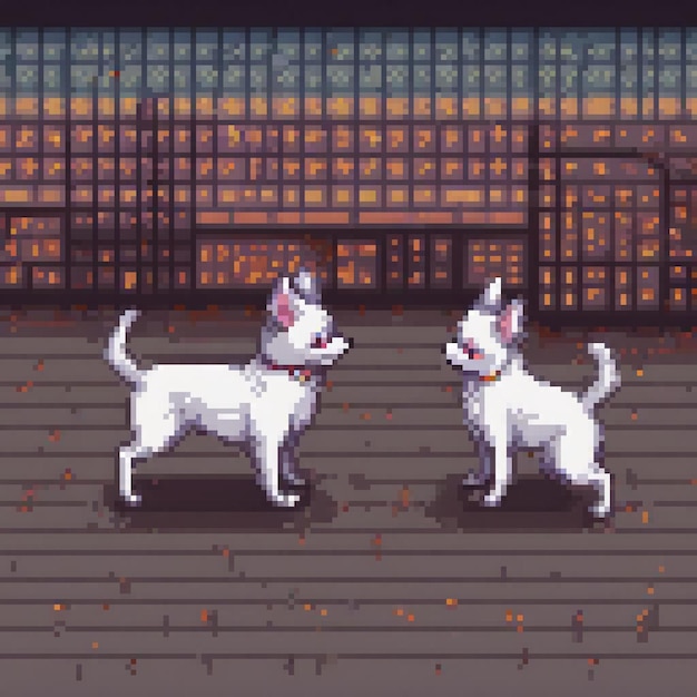 Photo two white dogs joyfully sprinting on a rustic wooden floor captured in pixel art style