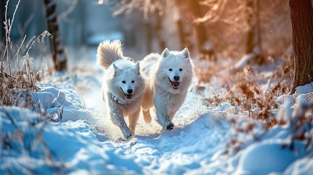 Two white dogs running through the snow in the woods