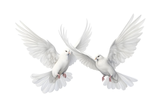 Two white doves are flying isolated on a white background