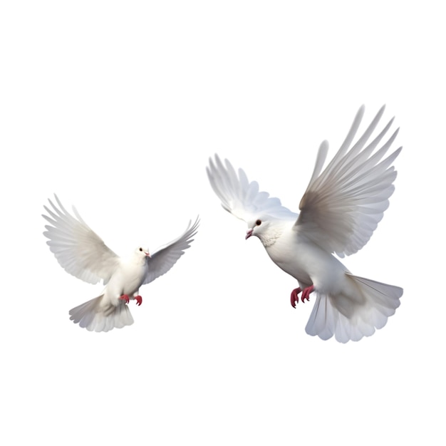 Two white doves are flying isolated on a white background