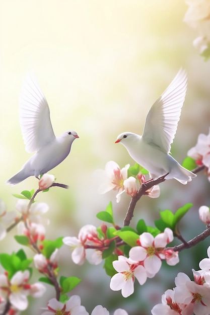 Two white doves sitting on branches with pink flowers