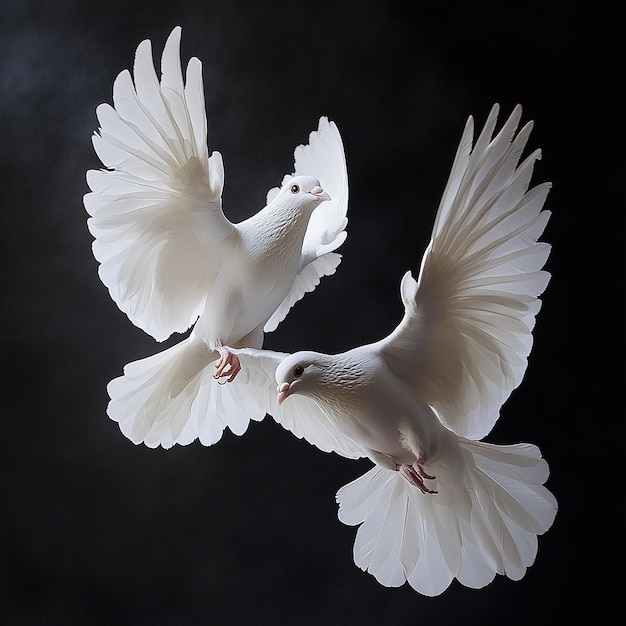 two white doves with one being held up by one another