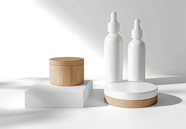 Photo two white dropper bottles and a wooden jar on a white platform with a wooden base