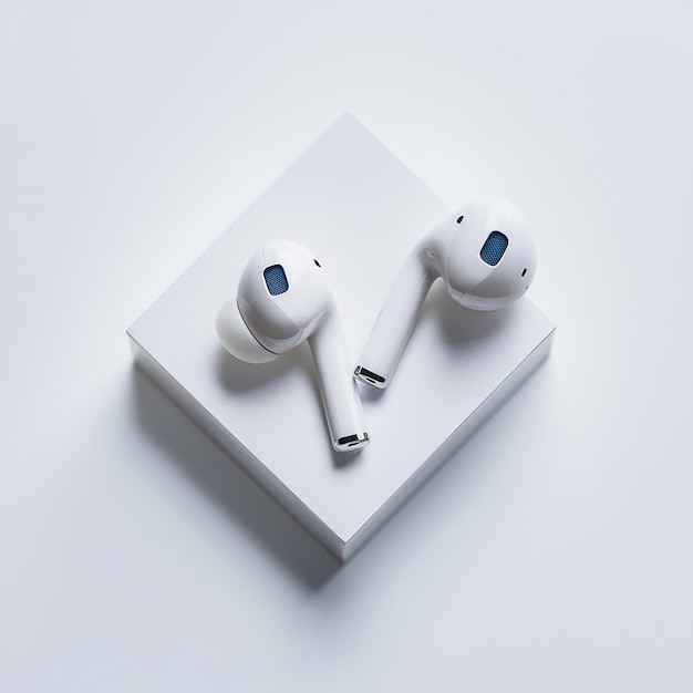 Photo two white earbuds are on a white box