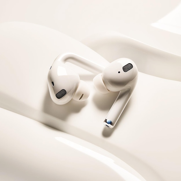 Photo two white earphones laying on a white surface