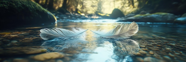 Photo two white feathers float gracefully on the surface of a crystal clear stream surrounded by lus