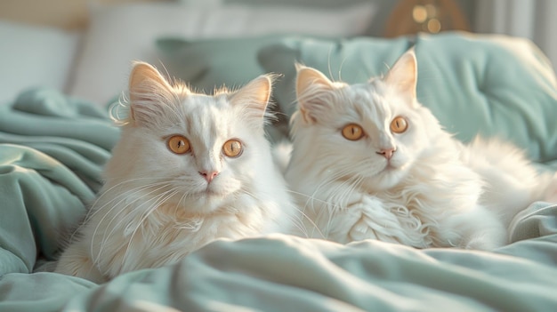 Two white fluffy cats with yellow eyes lying on a bed with green bedding