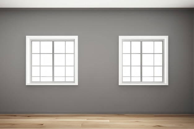 Photo two white framed windows are on a gray wall