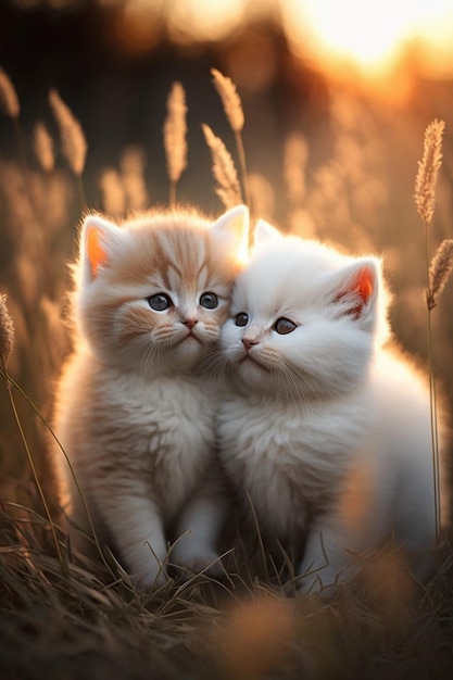 Two white kittens sitting next to each other in a field generative ai