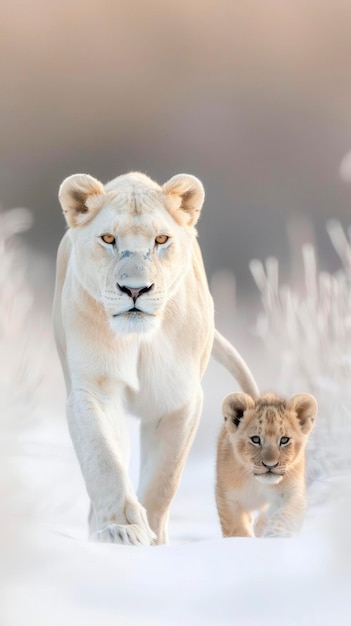 Two white lioness and cub in the snow during golden hour