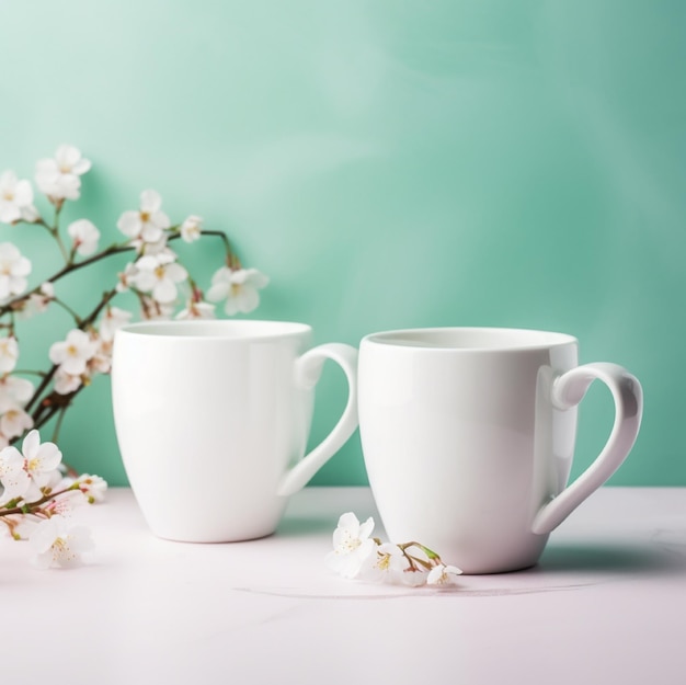 Two white mugs are on a table with a branch of flowers behind them.