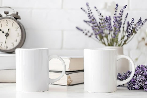 Photo two white mugs mockup with a lavender in a vase book and a clock on a white table