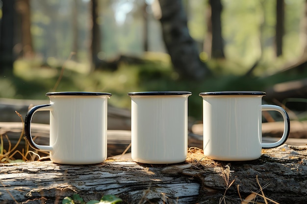 Two white mugs sitting on a log