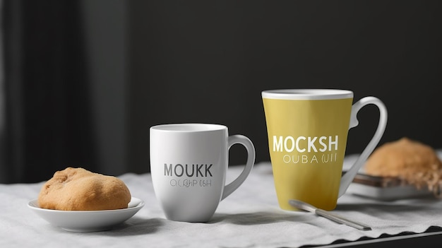 Photo two white mugs with 39moukk39 and 39mocksh39 logos and a pastry on a white table cloth with a dark background