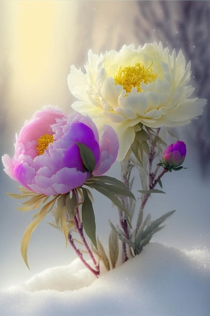 Two white and pink flowers in the snow generative ai