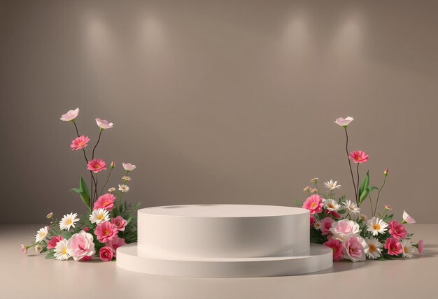 Photo two white podiums with floral decorations on a beige background