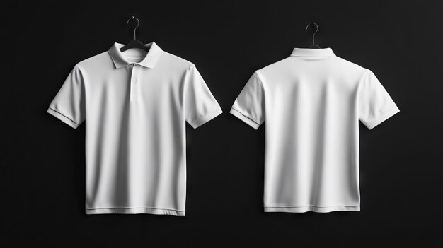 Photo two white polo shirts hanging on a black background