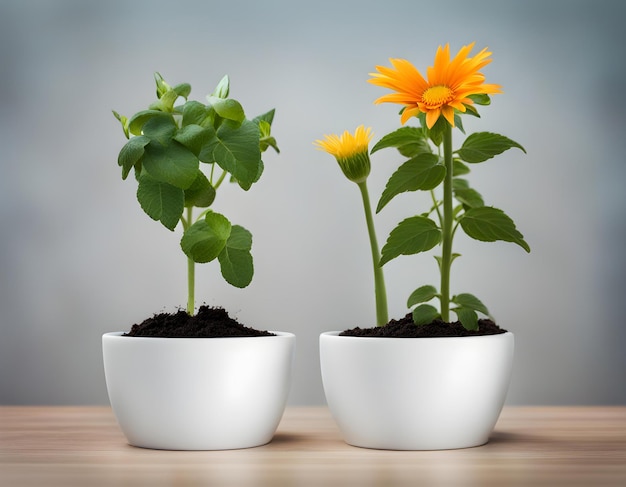 two white pots with yellow flowers and one of them has a yellow flower in it