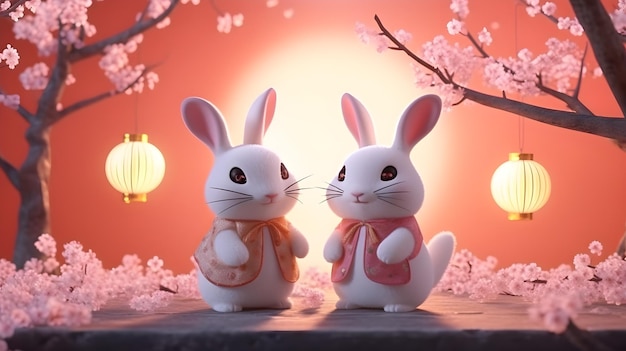 Two white rabbits are standing in front of a pink background with cherry blossoms.