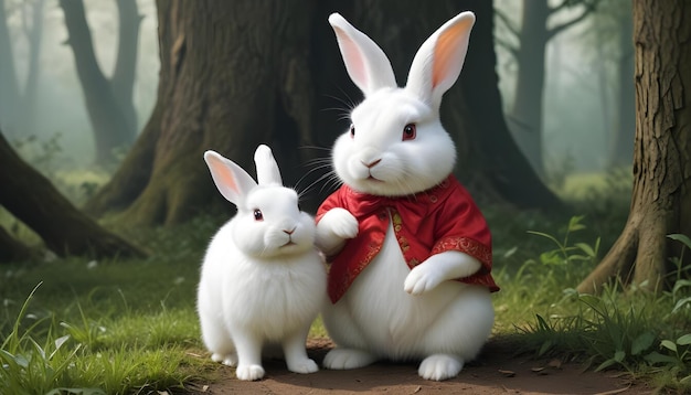 two white rabbits are standing in front of a tree