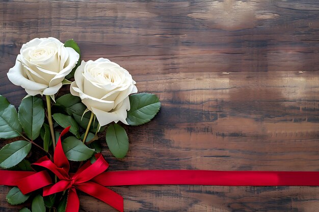 Two White Roses with Red Ribbon on Background