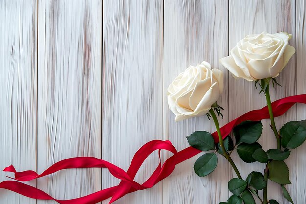 Two White Roses with Red Ribbon on Background