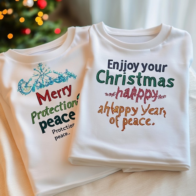 Photo two white shirts that say happy holidays and happy holidays