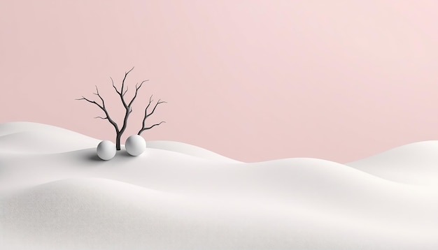 Photo two white spheres on a snowy hill with a bare tree in front of a pale pink background