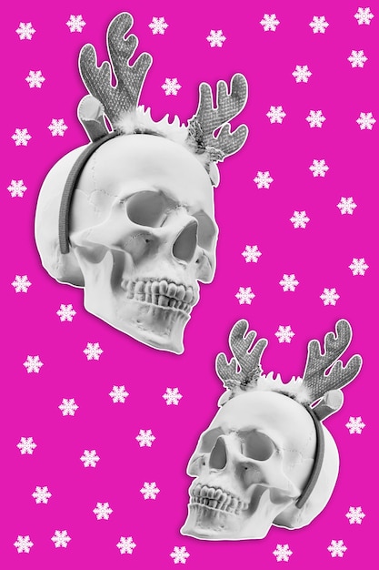 Two white spooky skull with deer horns on purple background with snowflakes funky xmas decor crazy