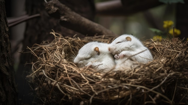 Two white squirrels in a nest