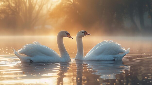 two white swans are swimming in the water with the sun behind them