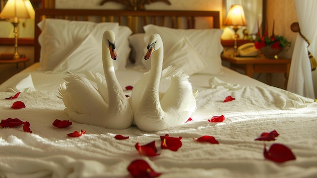 Photo two white swans on a bed with pillows