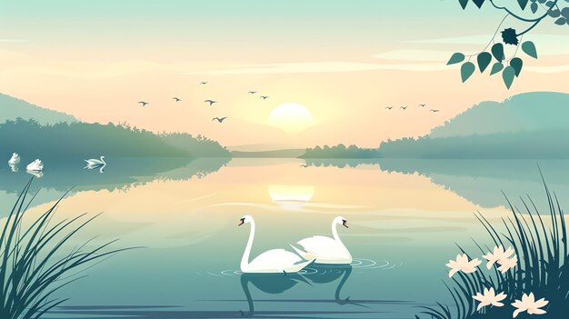 Photo two white swans swim on a calm lake with a sunset in the background