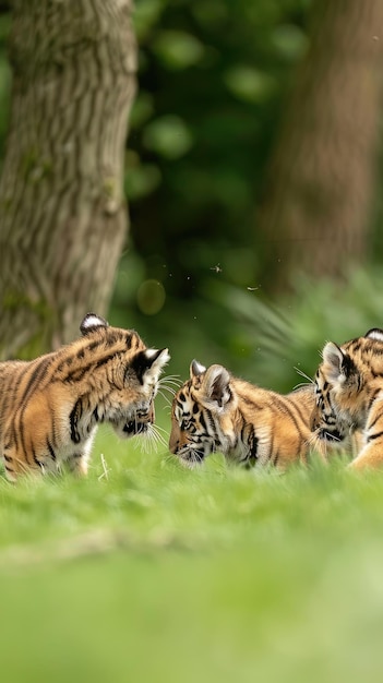 Photo two white tiger cubs sit in a grassy area looking at the camera