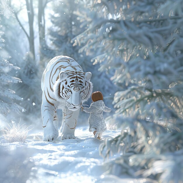 Photo two white tigers are standing in the snow one of them has a hat on it