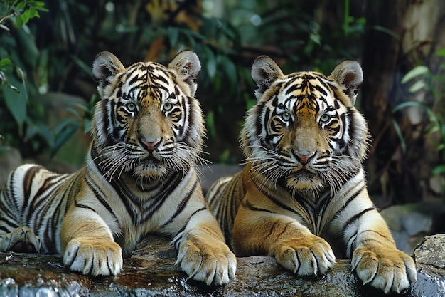 Two white tigers resting on rocks in the jungle in high definition photography