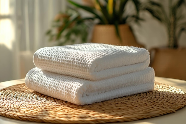 Two white towels folded and stacked on a round woven mat on a wooden table in a sunlit room