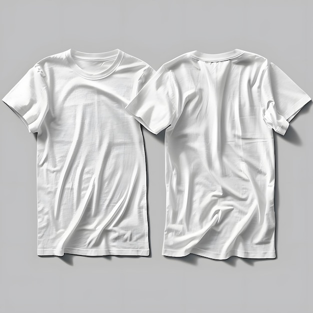 Photo two white tshirts front and back views isolated on a minimalist gray background featuring a clean and simple design for casual wear