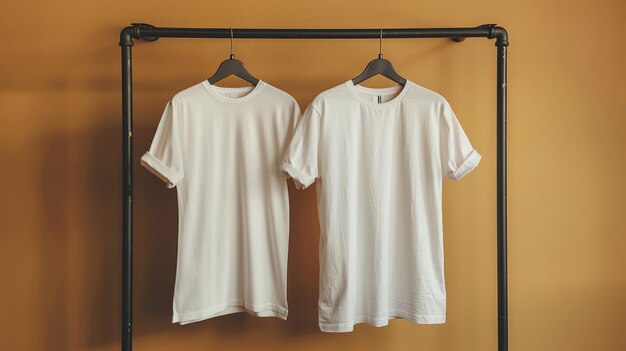 Two White Tshirts Hanging on a Clothes Rack